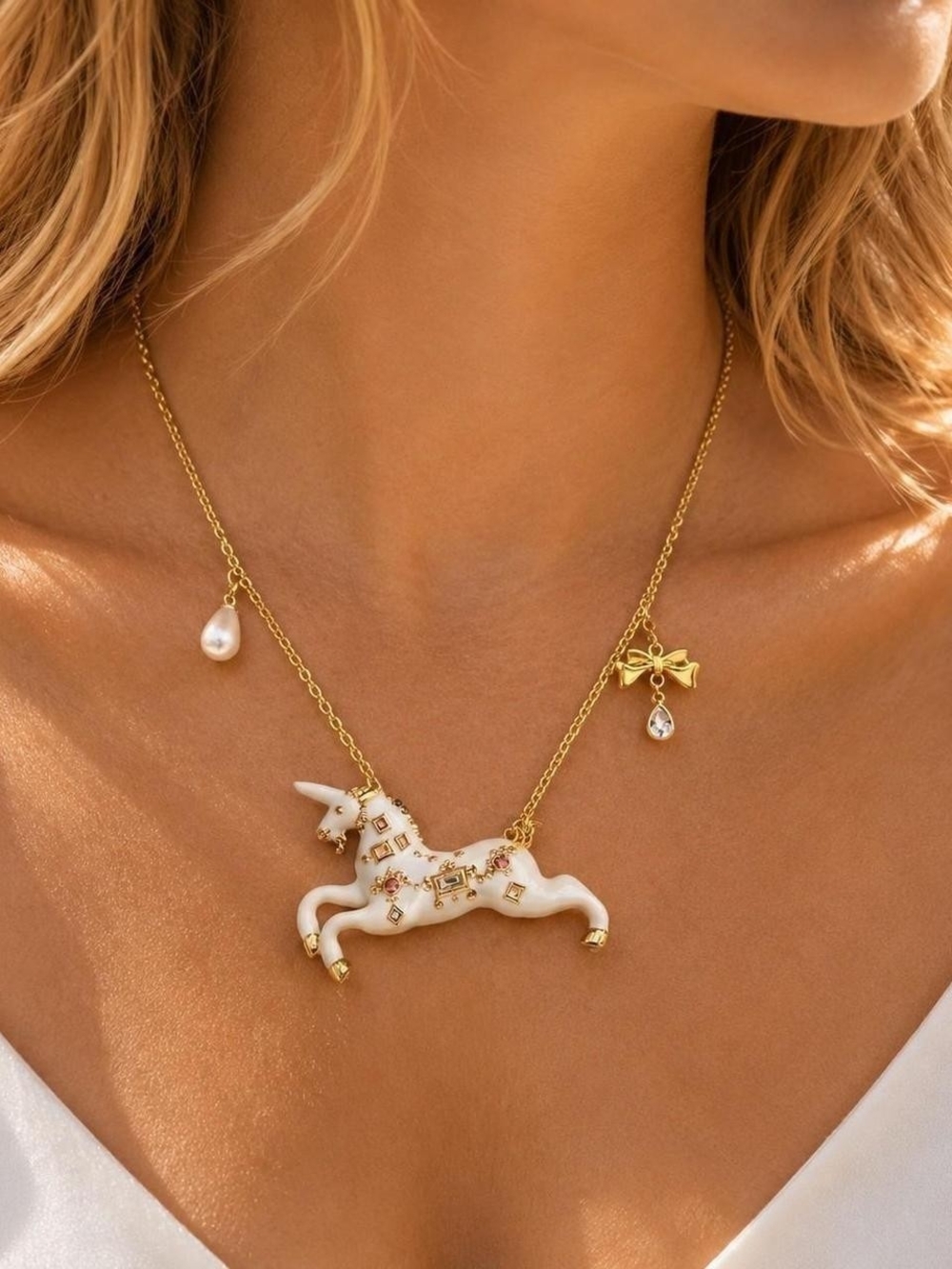 Coquette Unicorn Charm Necklace – Gold Tone